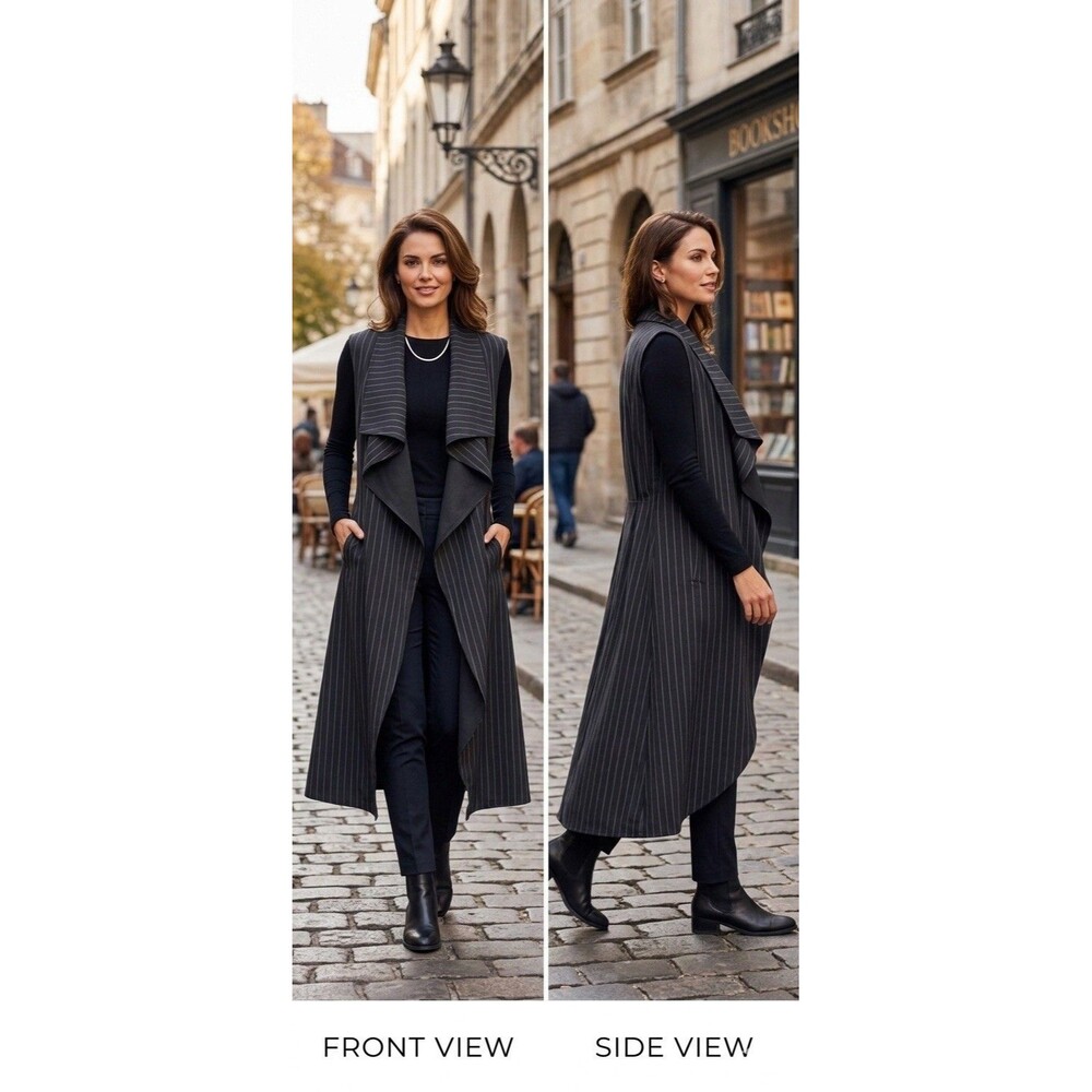 New Perch Blu Pepper Pinstripe Sleeveless Long Belted Vest BOHO BlackWhite 1XL